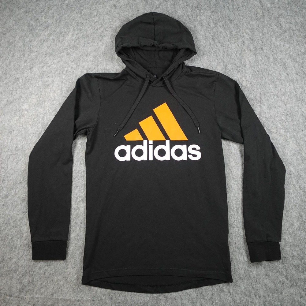 Adidas Hoodie Mens Small Black Orange‎ Logo Graphic Pullover Sweatshirt